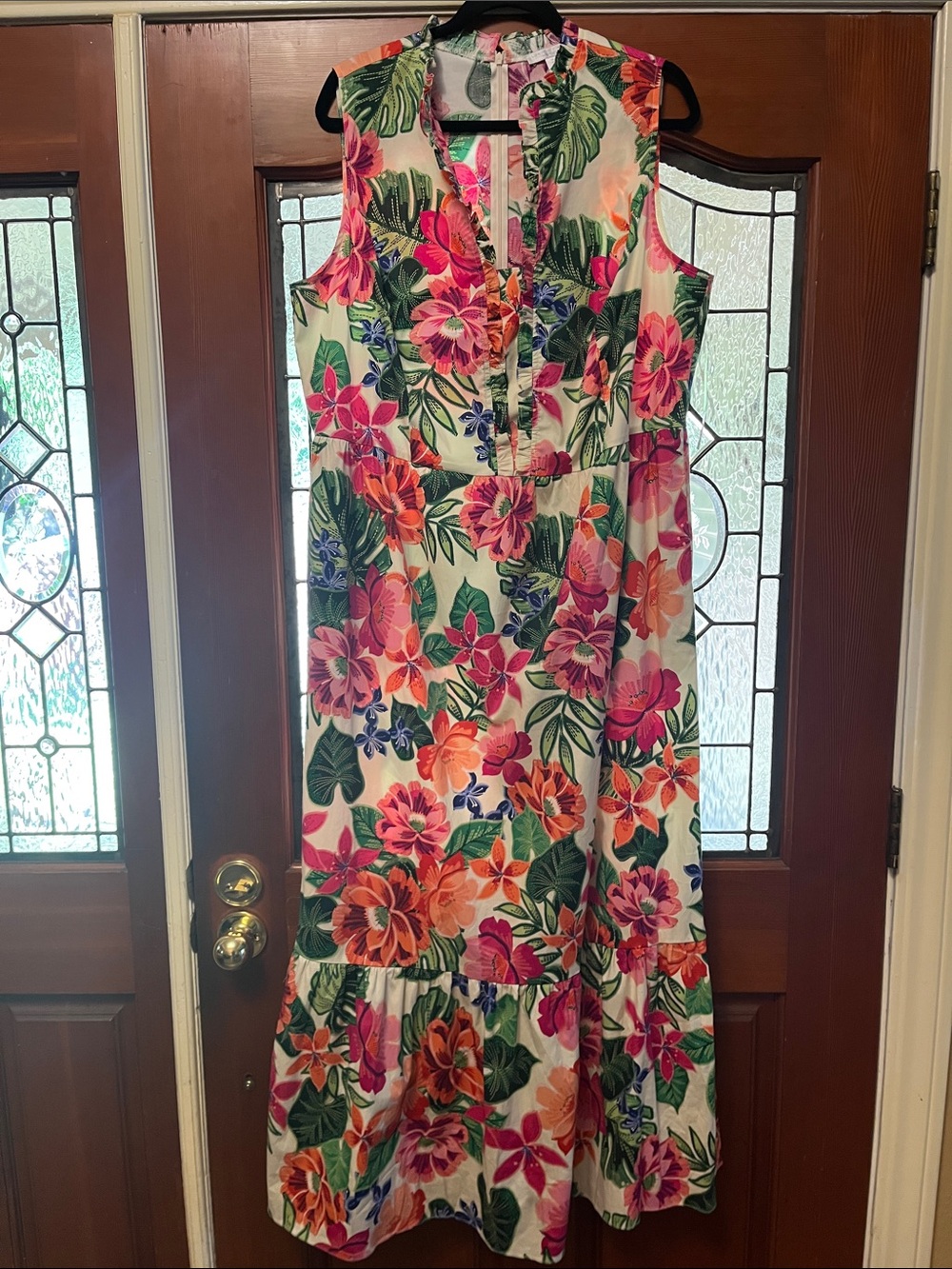 London Times White Sleeveless Floral Maxi Dress with Pink & Green Accents